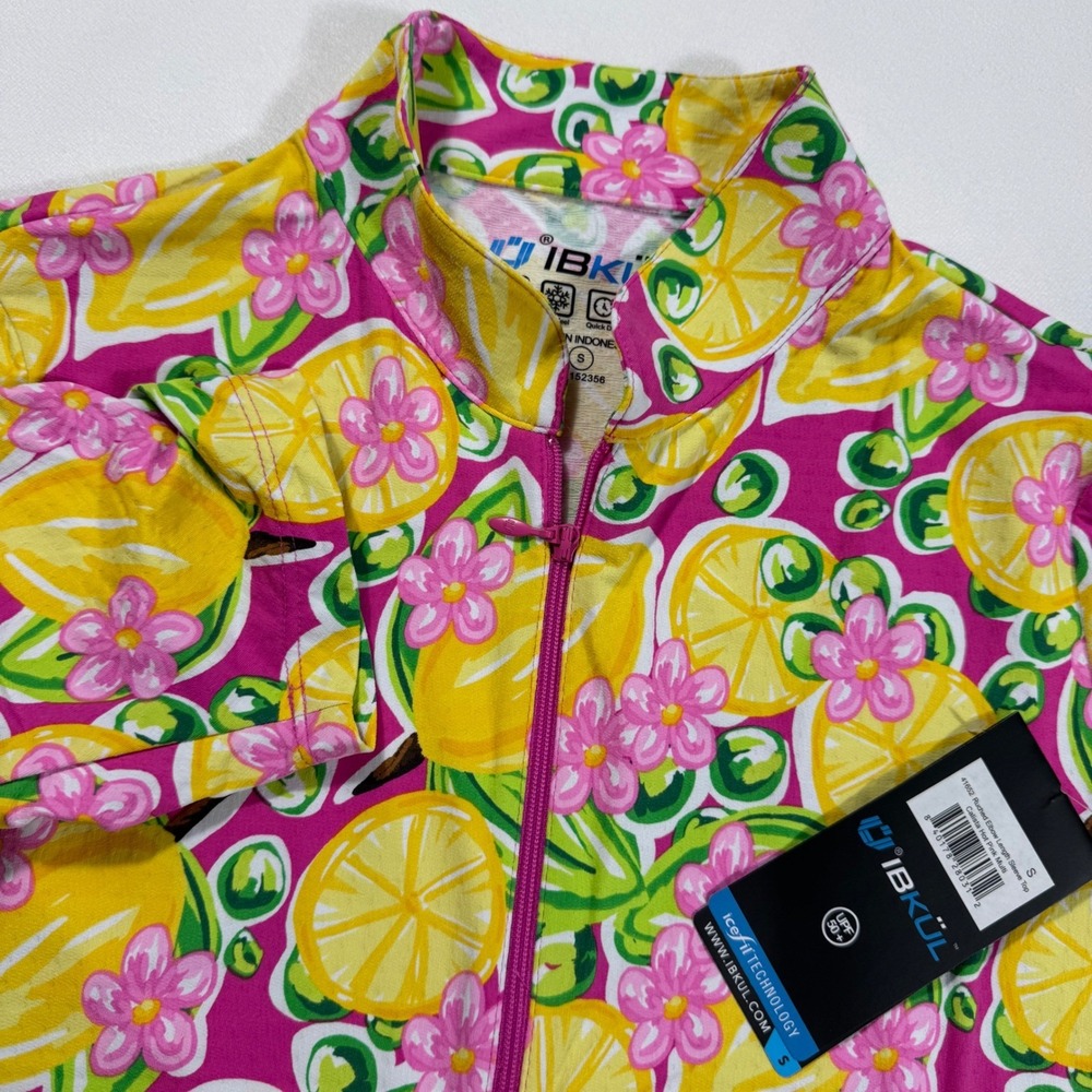 IBKÜL Ruched Sleeve Top Women S Pink Lemon Floral IceFil UPF 50+ Active NWT